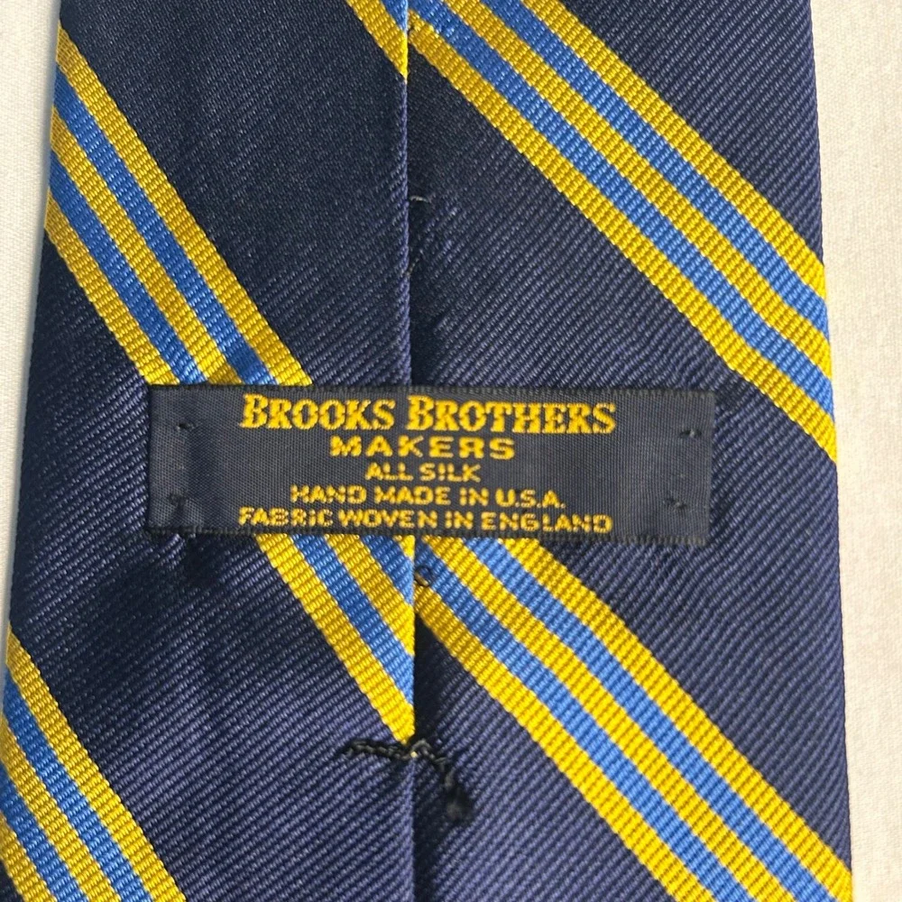 Vintage Brooks Brothers Makers Silk Tie Navy Gold Blue Stripe USA Made England